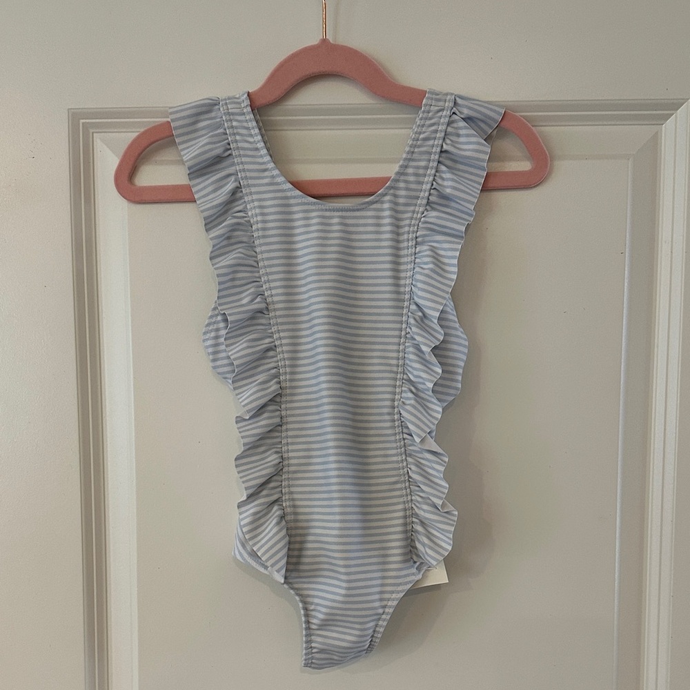 Minnow Swim - Striped Blue Ruffled Kids One Piece - size 3/4T
